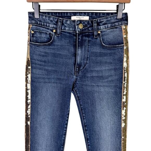 Fidelity Cher Melrose Wash Mid Rise Gold Sequin Side Stripe Slim Skinny Jeans - Picture 2 of 8